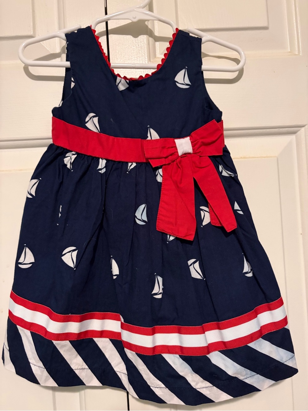 Blueberi Boulevard Navy Sailboat Dress with Red Waist Bow